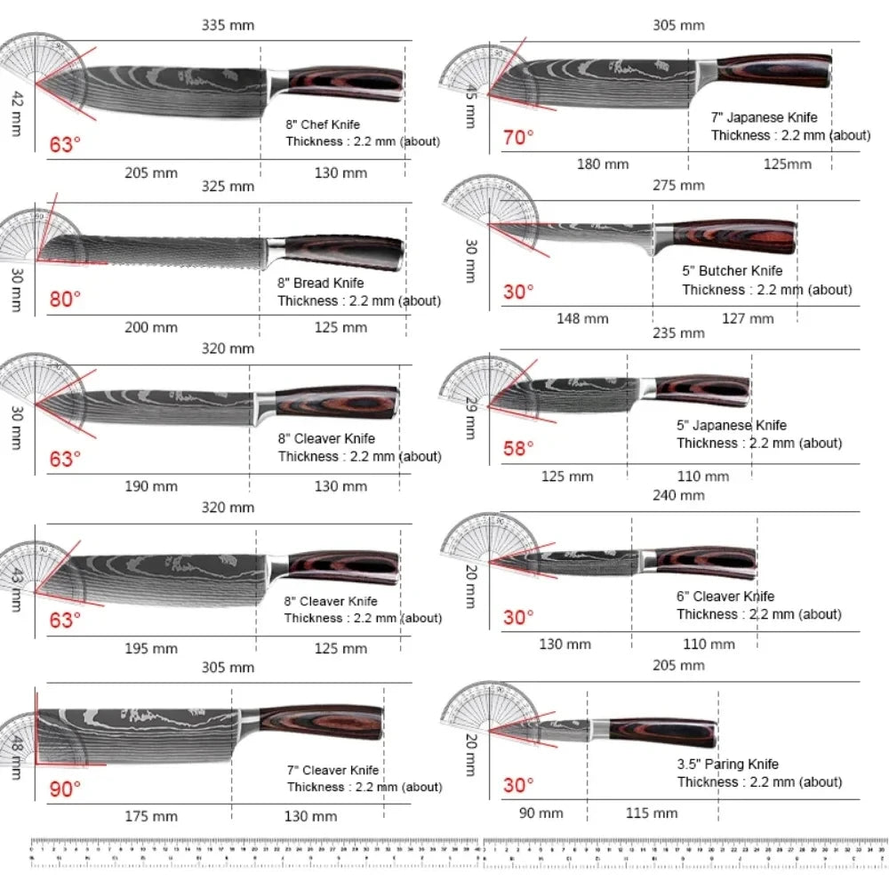 ZENG 8 Piece Kitchen Knife Set Stainless Damascus Steel