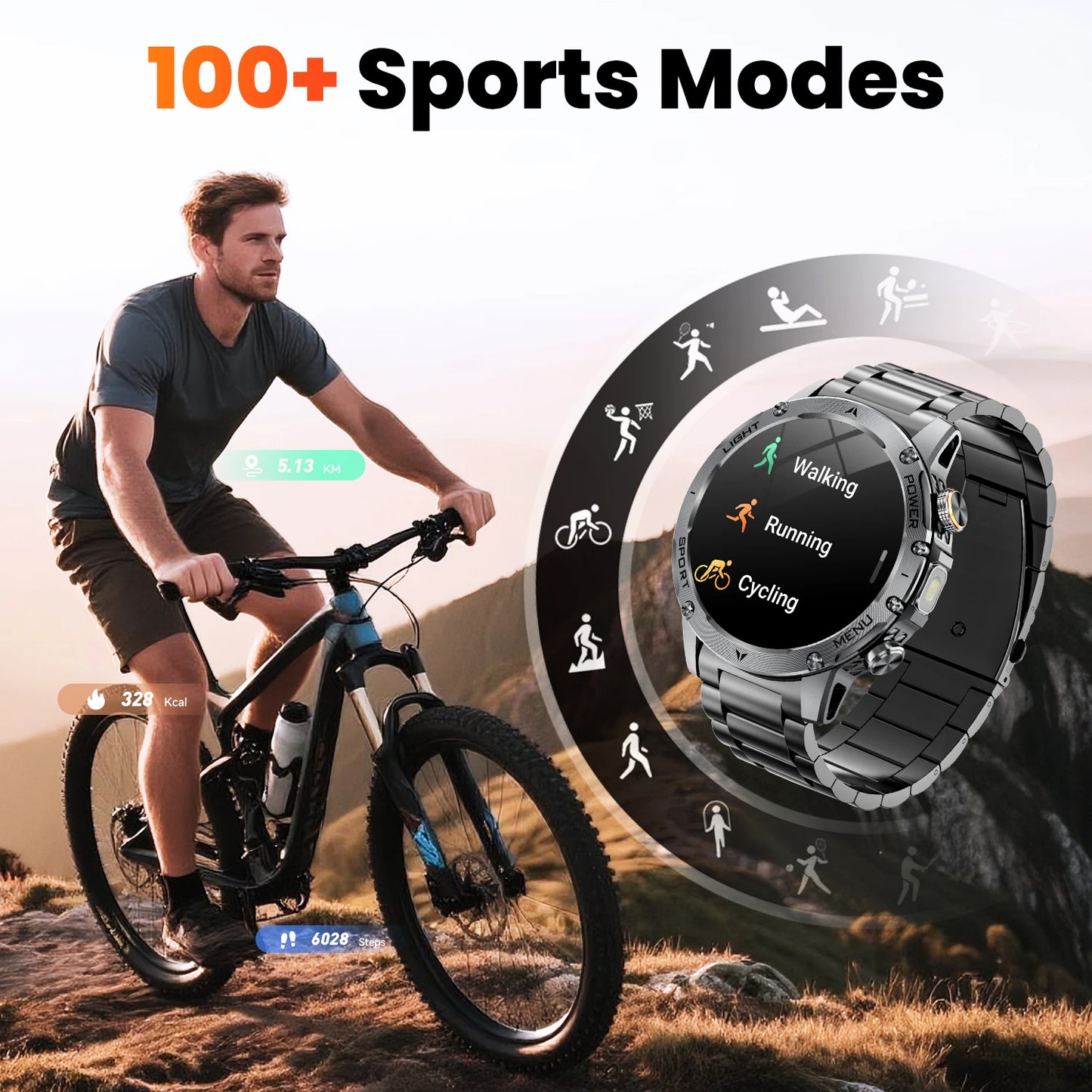 Military Smartwatch With Bluetooth Call 100 Sport Modes Health Monitor Waterproof