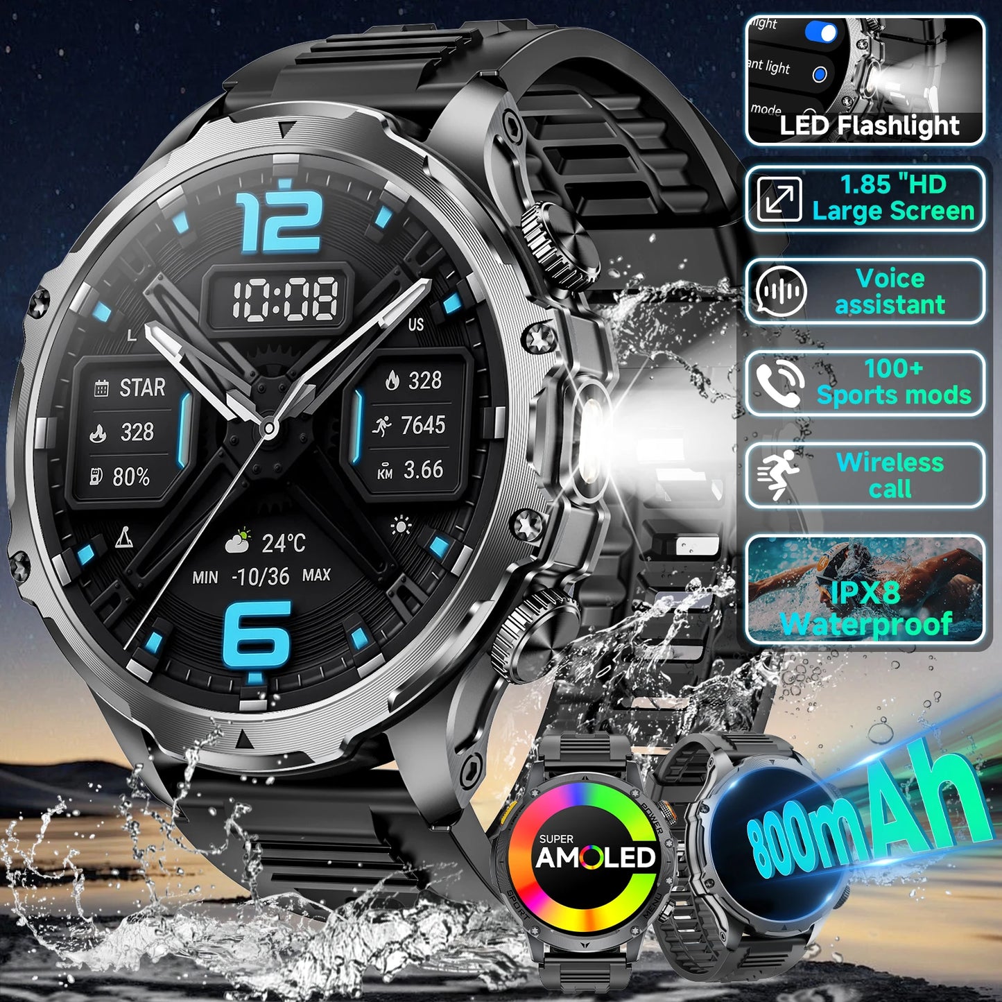 Military Smartwatch With Bluetooth Call 100 Sport Modes Health Monitor Waterproof