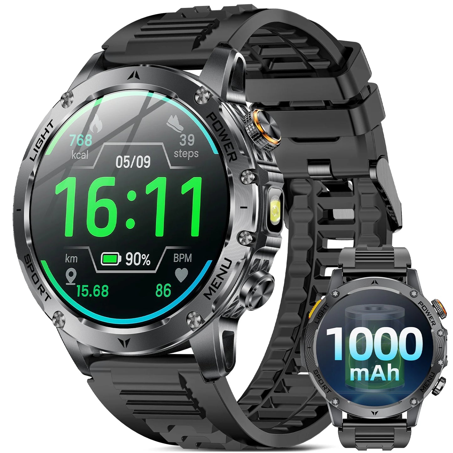 Military Smartwatch With Bluetooth Call 100 Sport Modes Health Monitor Waterproof