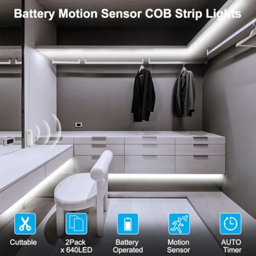 2 Pack Battery Operated COB Motion Sensor Cabinet Strip Lights