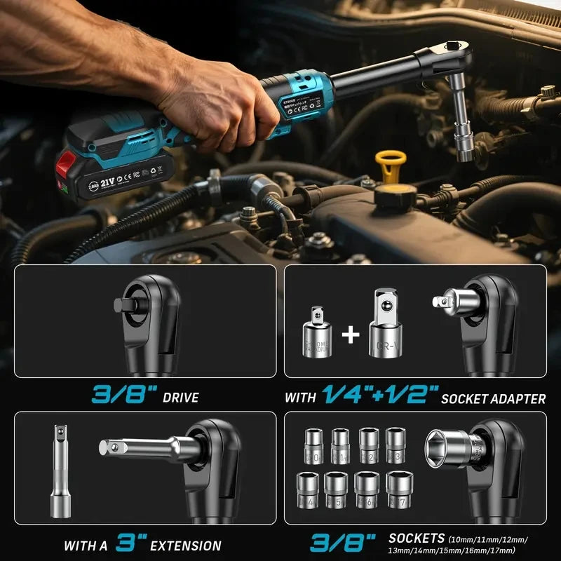 Seesii 21V Cordless Electric Wrench 80Nm Extended Ratchet