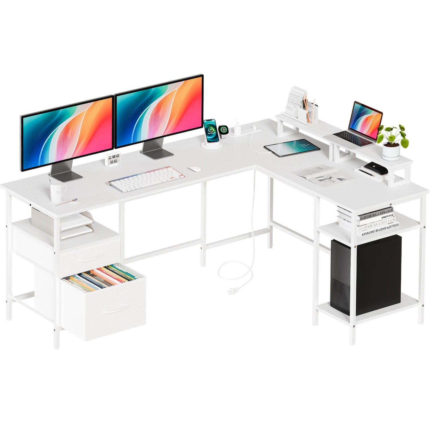 JHK L Shaped Computer Desk With Storage Shelves And Drawers