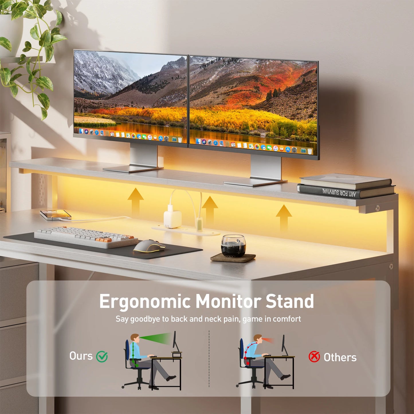 FRODROVIA Gaming Desk With LED Lighting And Power Outlets