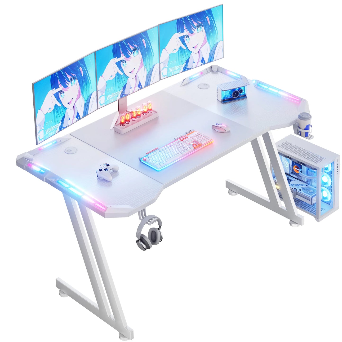 FRODROVIA Carbon Fiber Gaming Desk With LED Lights Cup Holder