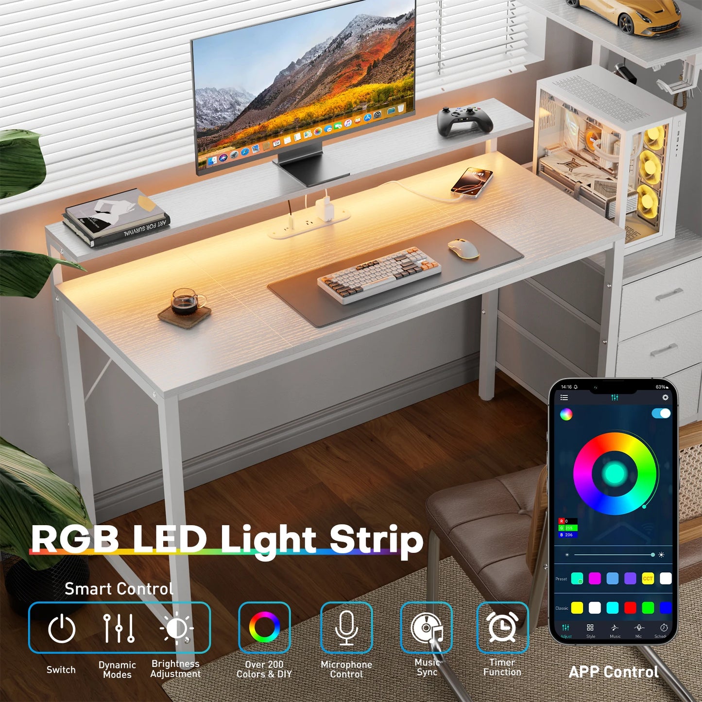 FRODROVIA Gaming Desk With LED Lighting And Power Outlets