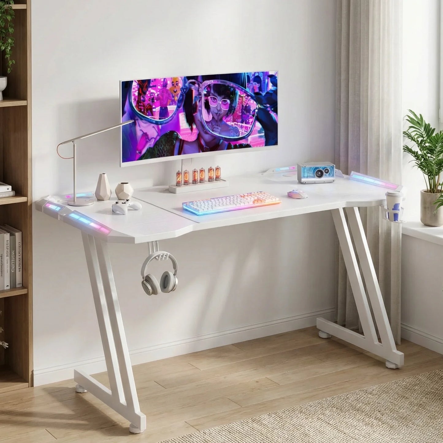 FRODROVIA Carbon Fiber Gaming Desk With LED Lights Cup Holder
