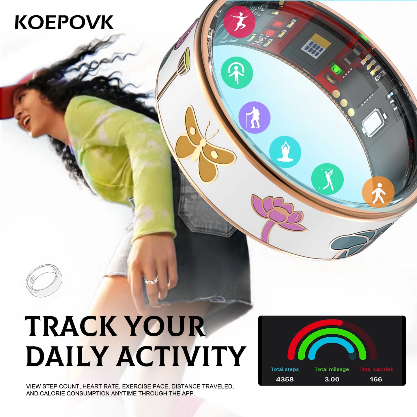 UouNeaCo Smart Ring Dragonfly Lotus Style Activity Tracker Sleep Heart Rate