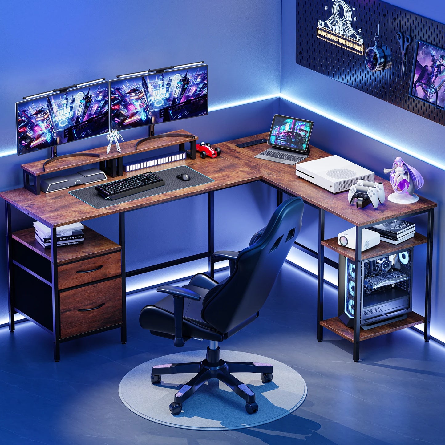 JHK L Shaped Computer Desk With Storage Shelves And Drawers
