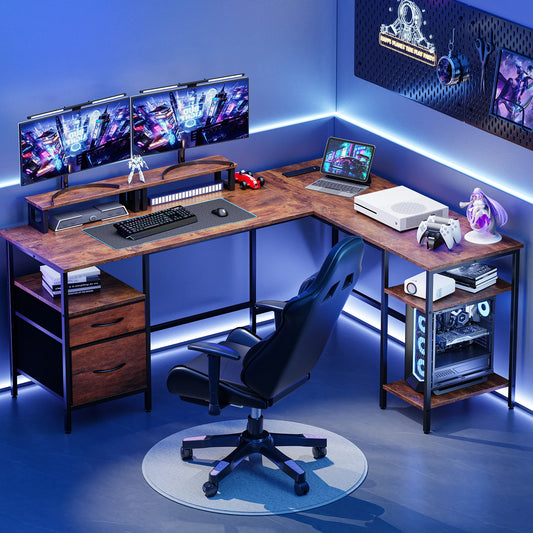 JHK L Shaped Computer Desk With Storage Shelves And Drawers