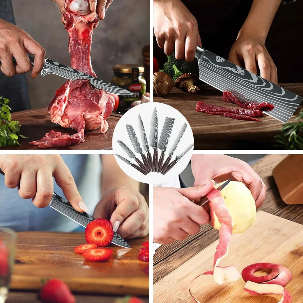 ZENG 8 Piece Kitchen Knife Set Stainless Damascus Steel