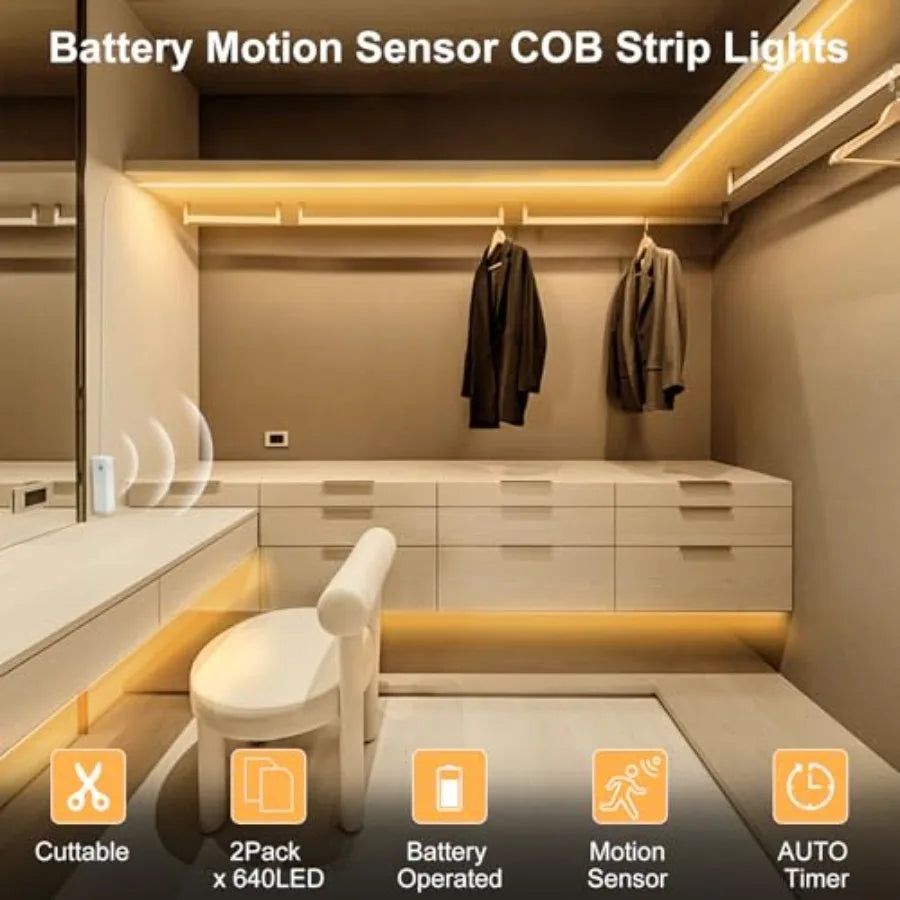2 Pack COB Motion Sensor Cabinet Strip Lights Battery Operated