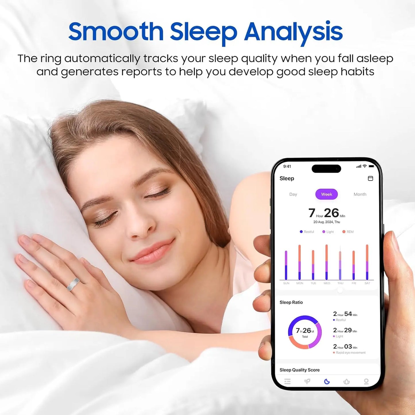 Smart Ring Health Tracker, Sleep Monitoring IP68, Long Battery
