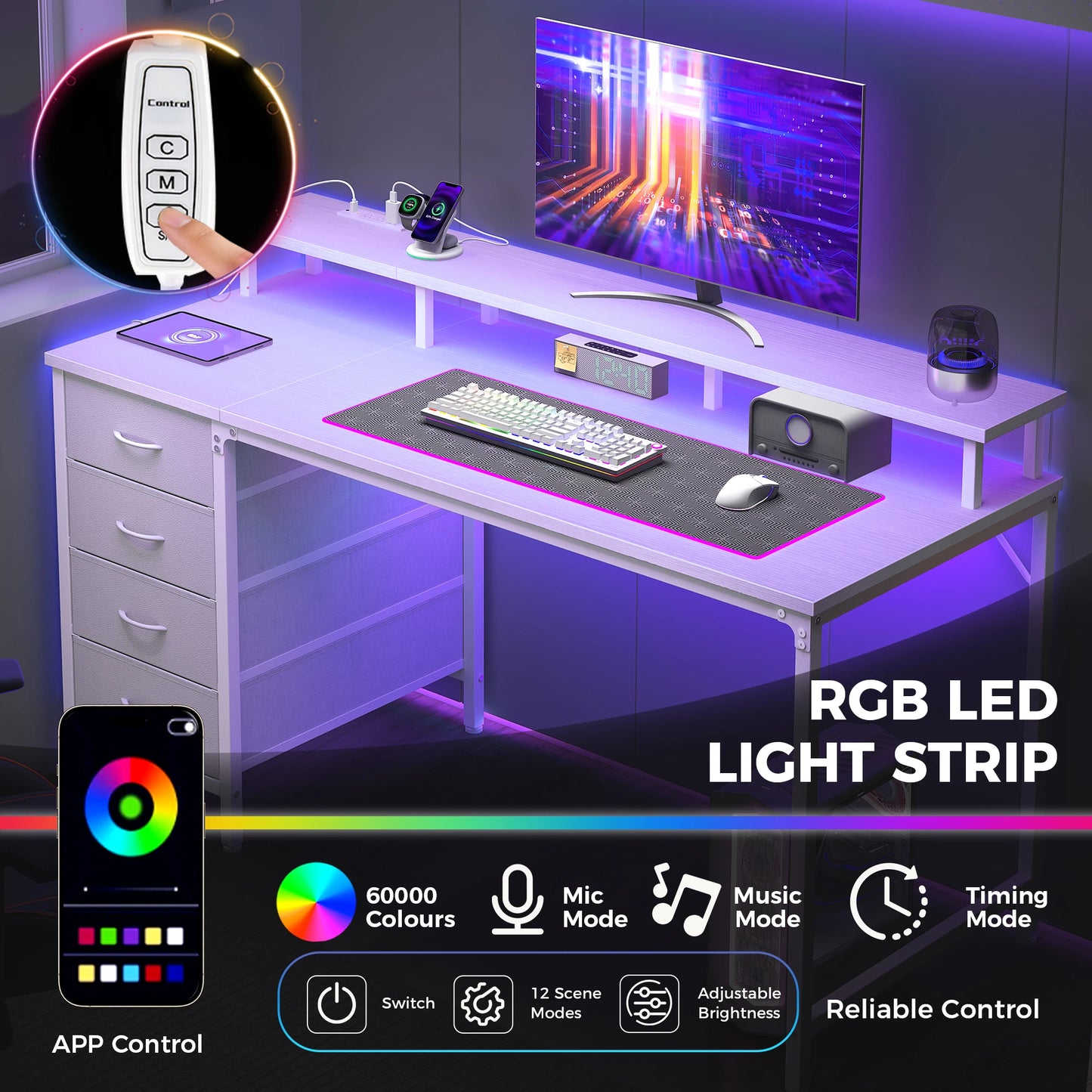JHK Gaming Computer Desk With Storage Drawers And Led Lighting