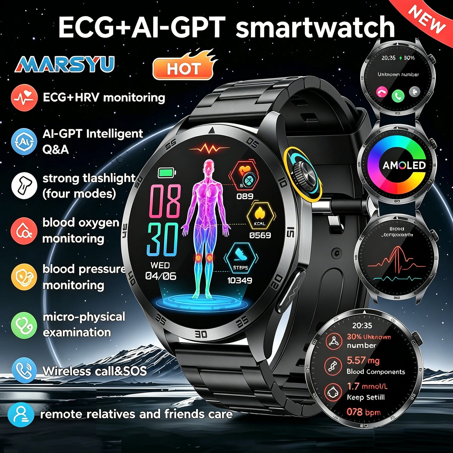Marsyu Smart Watch ECG PPG Blood Pressure Uric Acid