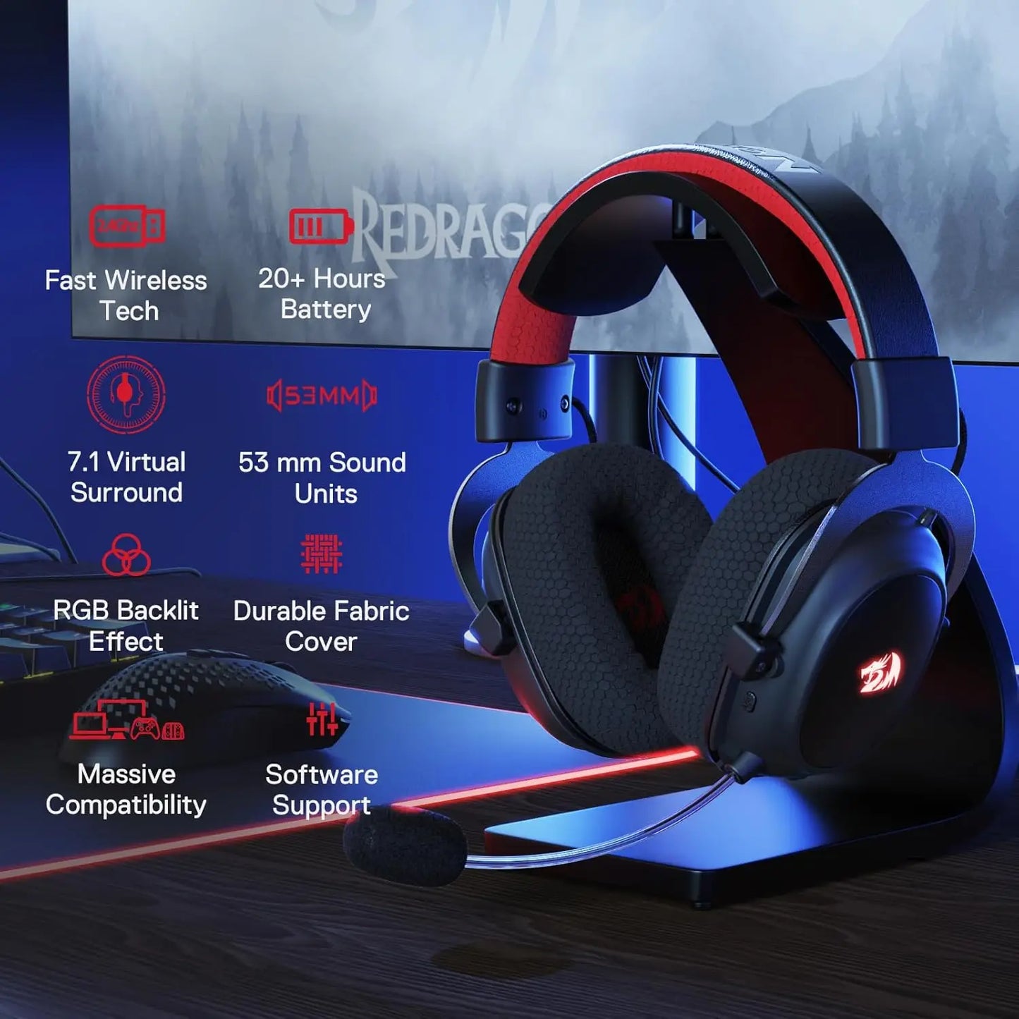 Redragon H510 Pro Zeus-X Wireless Gaming Headset 7.1 Surround Sound