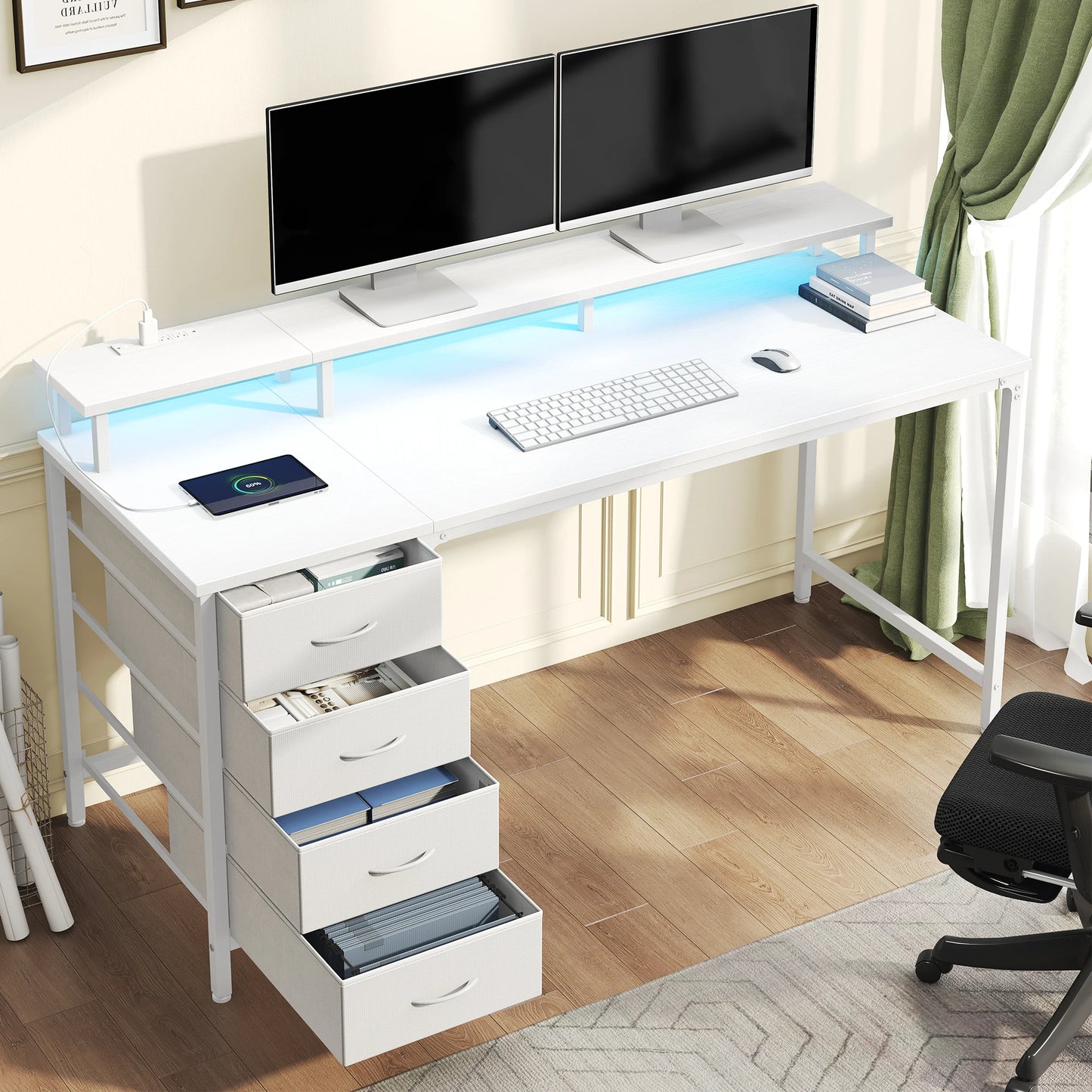 JHK Gaming Computer Desk With Storage Drawers And Led Lighting