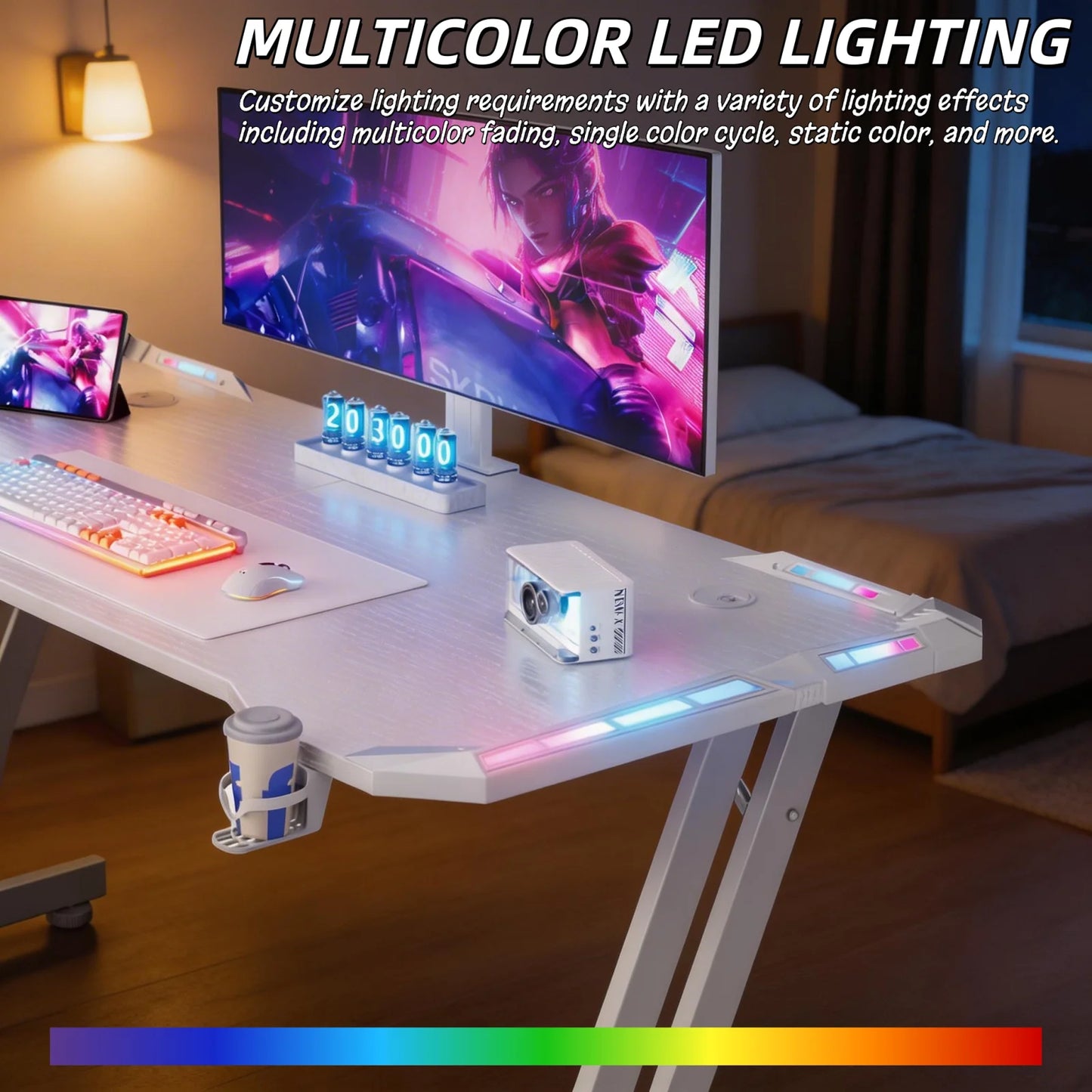FRODROVIA Carbon Fiber Gaming Desk With LED Lights Cup Holder