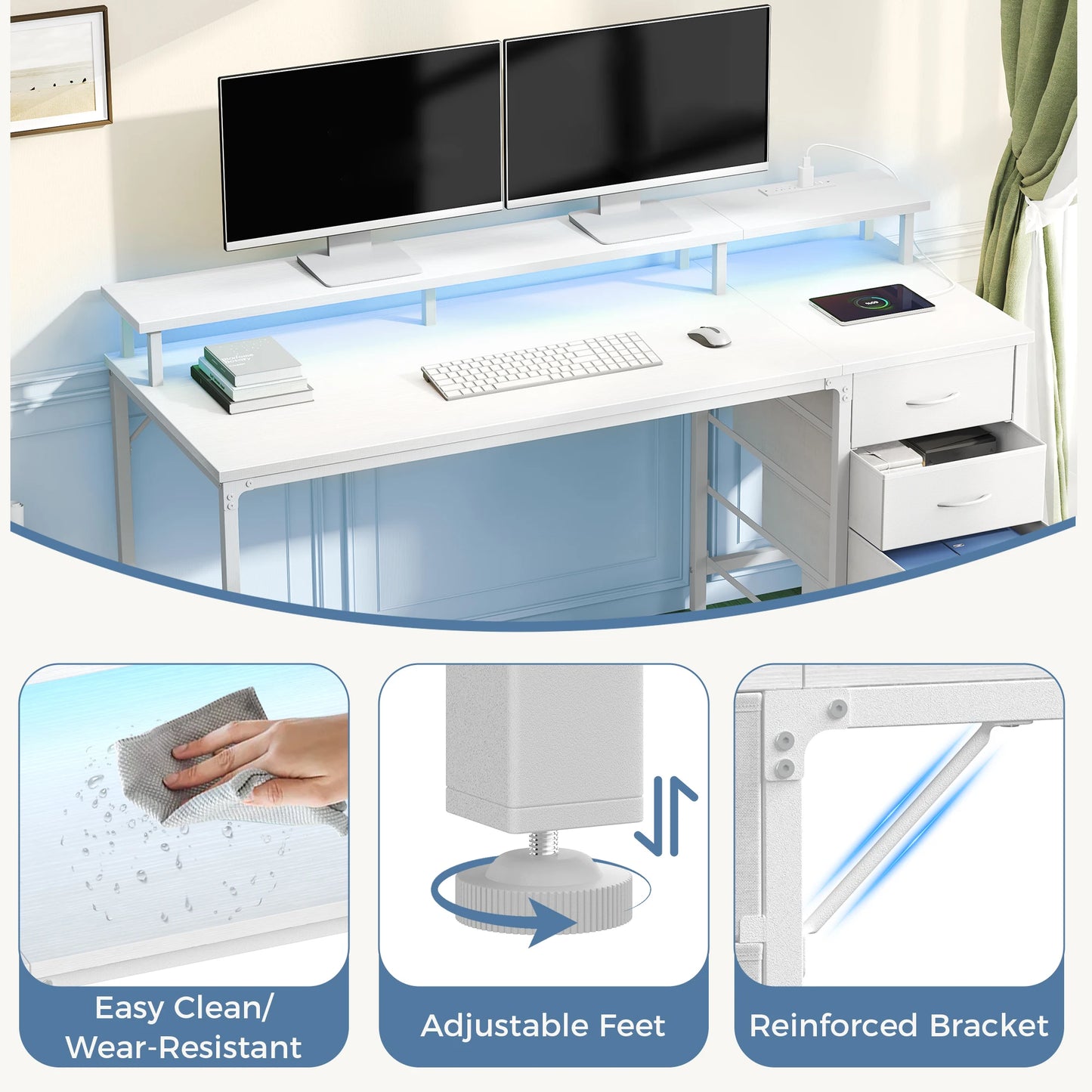 JHK Gaming Computer Desk With Storage Drawers And Led Lighting
