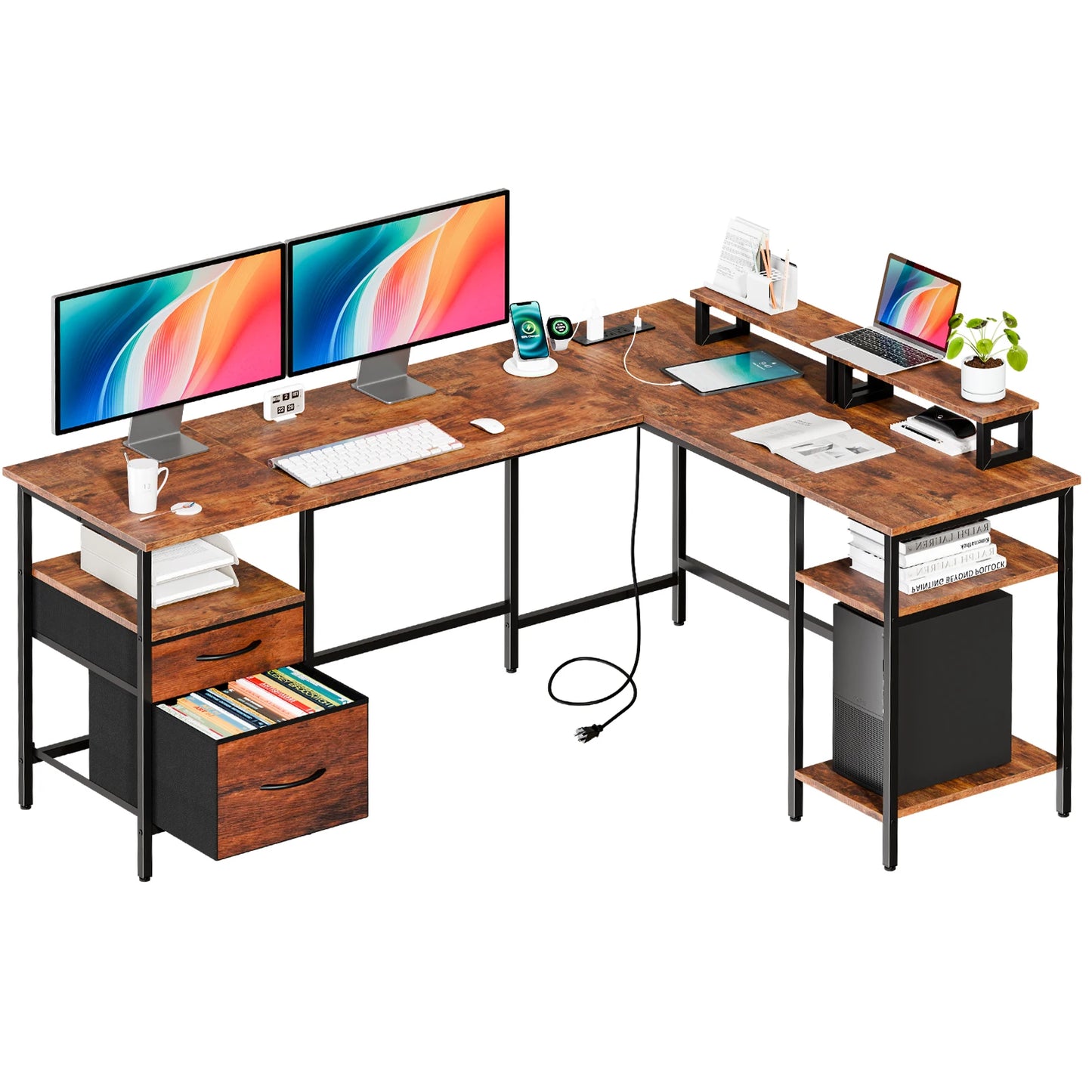 JHK L Shaped Computer Desk With Storage Shelves And Drawers