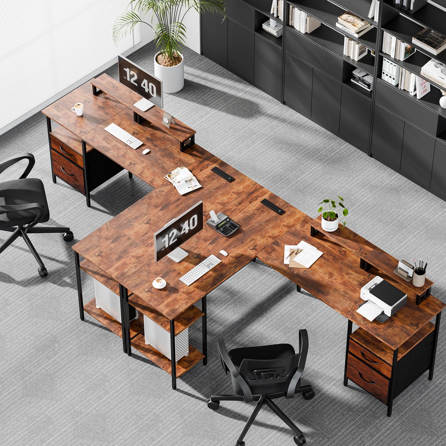 JHK L Shaped Computer Desk With Storage Shelves And Drawers