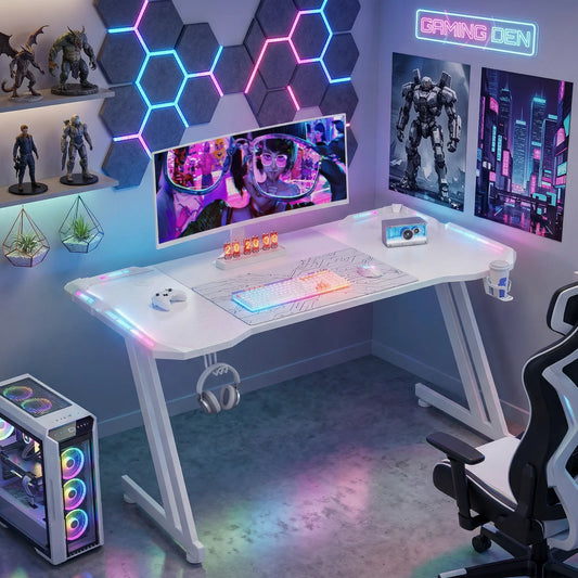FRODROVIA Carbon Fiber Gaming Desk With LED Lights Cup Holder