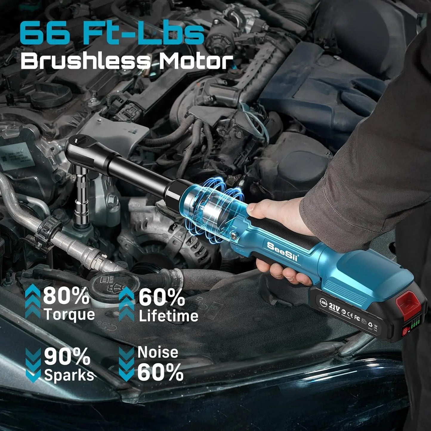 Seesii 21V Cordless Electric Wrench 80Nm Extended Ratchet