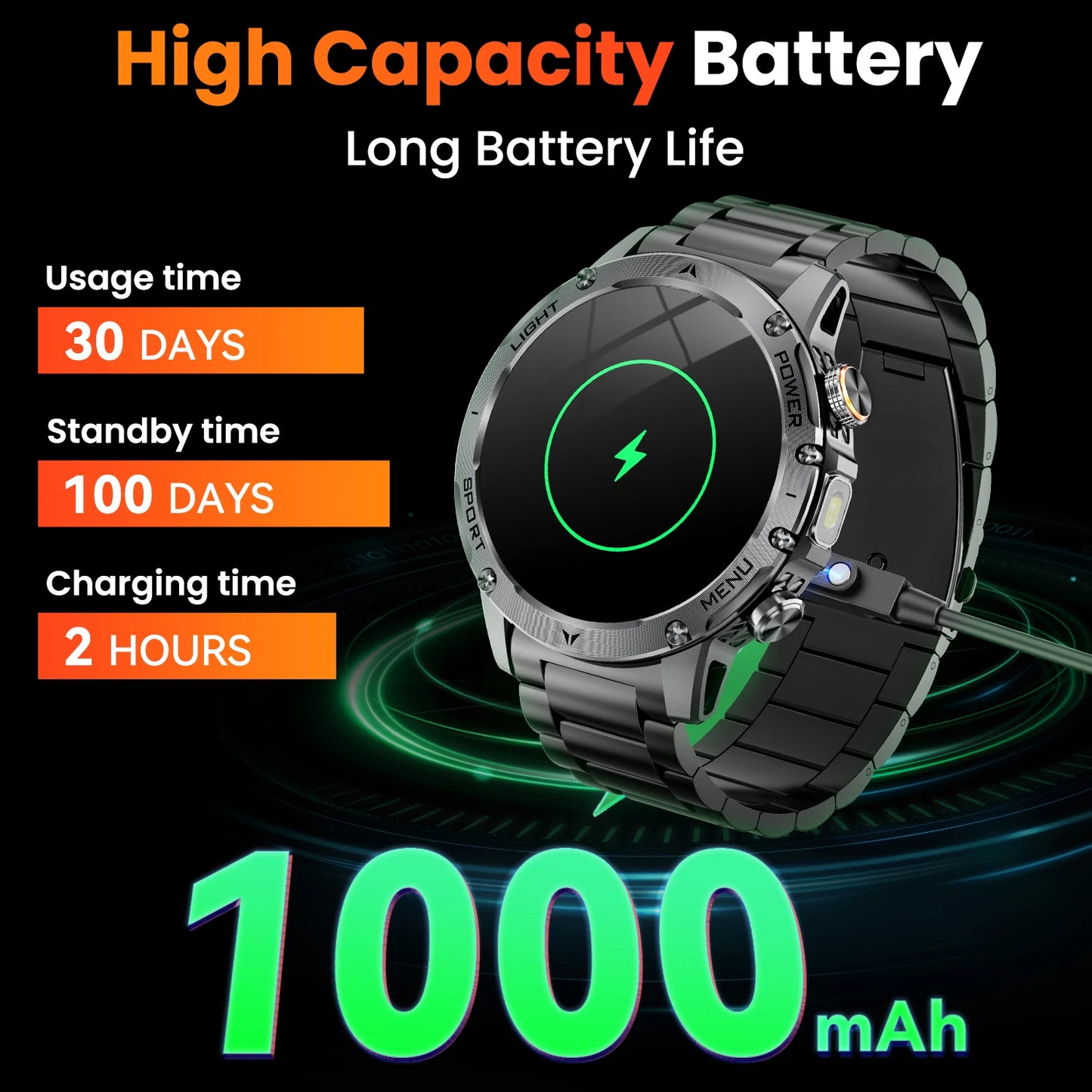 Military Smartwatch With Bluetooth Call 100 Sport Modes Health Monitor Waterproof