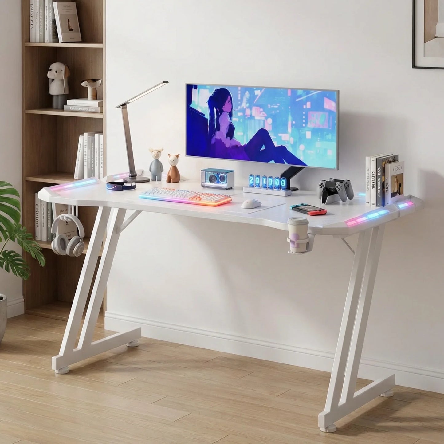 FRODROVIA Carbon Fiber Gaming Desk With LED Lights Cup Holder