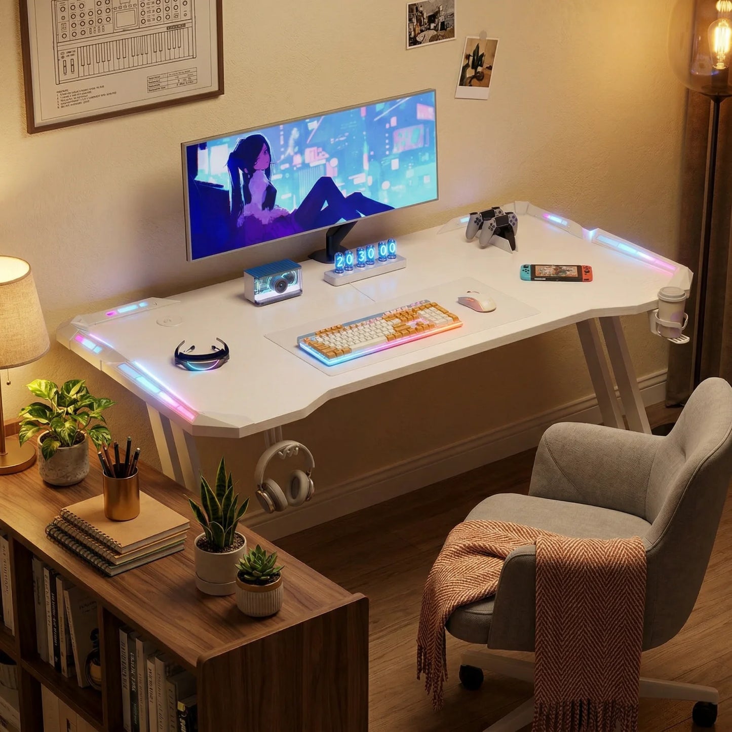 FRODROVIA Carbon Fiber Gaming Desk With LED Lights Cup Holder